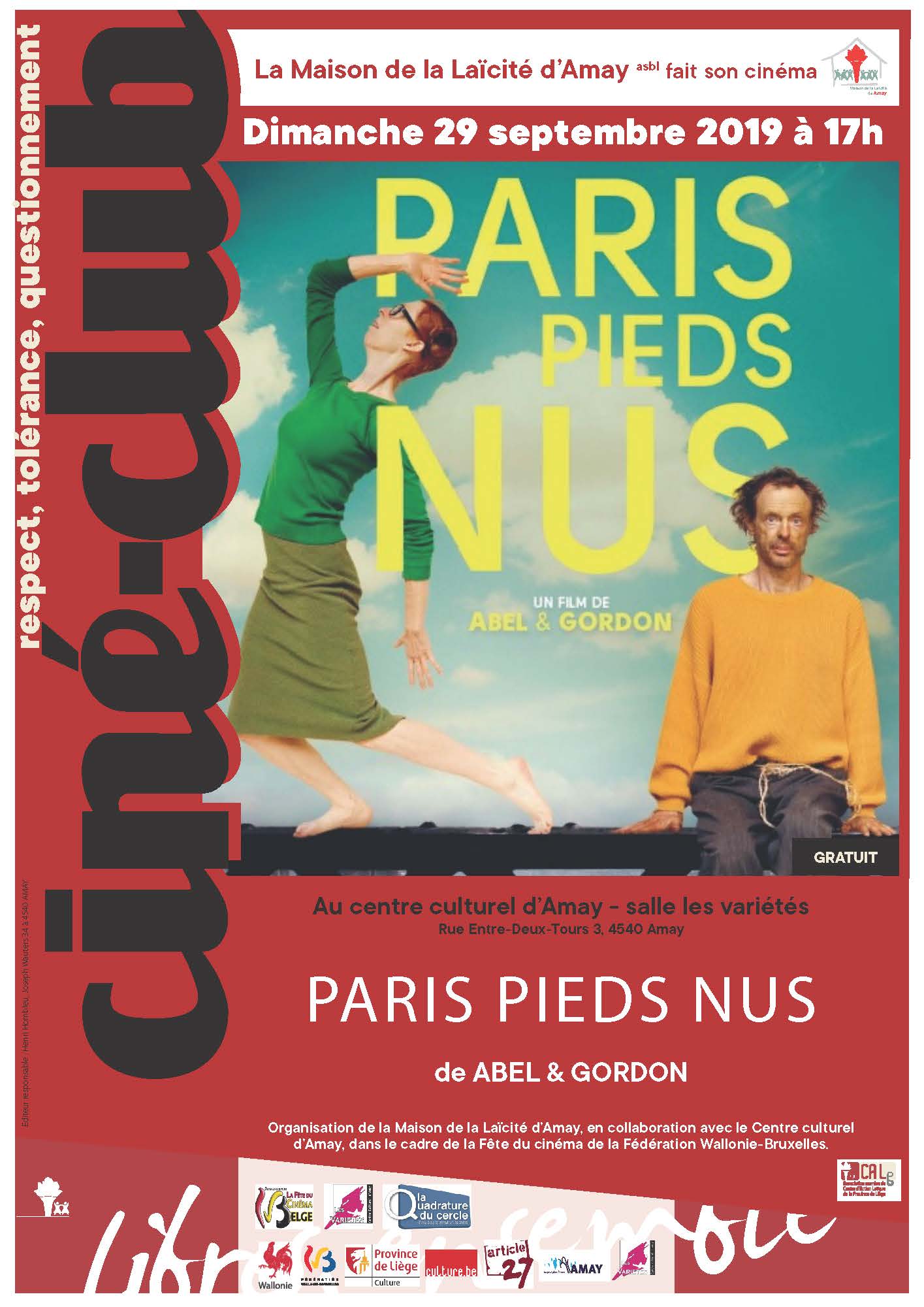 Affiche promotionnelle pour le ciné-club de la Maison de la Laïcité d'Amay : Paris pieds nus